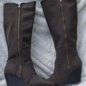 NWOT Fergalicious Brown Tall Suede Wedge Boots 7
